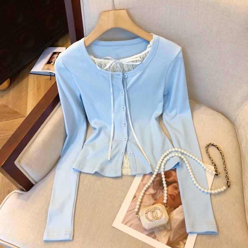 

The real shot is fake, two pink lace splicing long-sleeved shirts, women s new pure desire inner bottoming shirt bm top. L синий