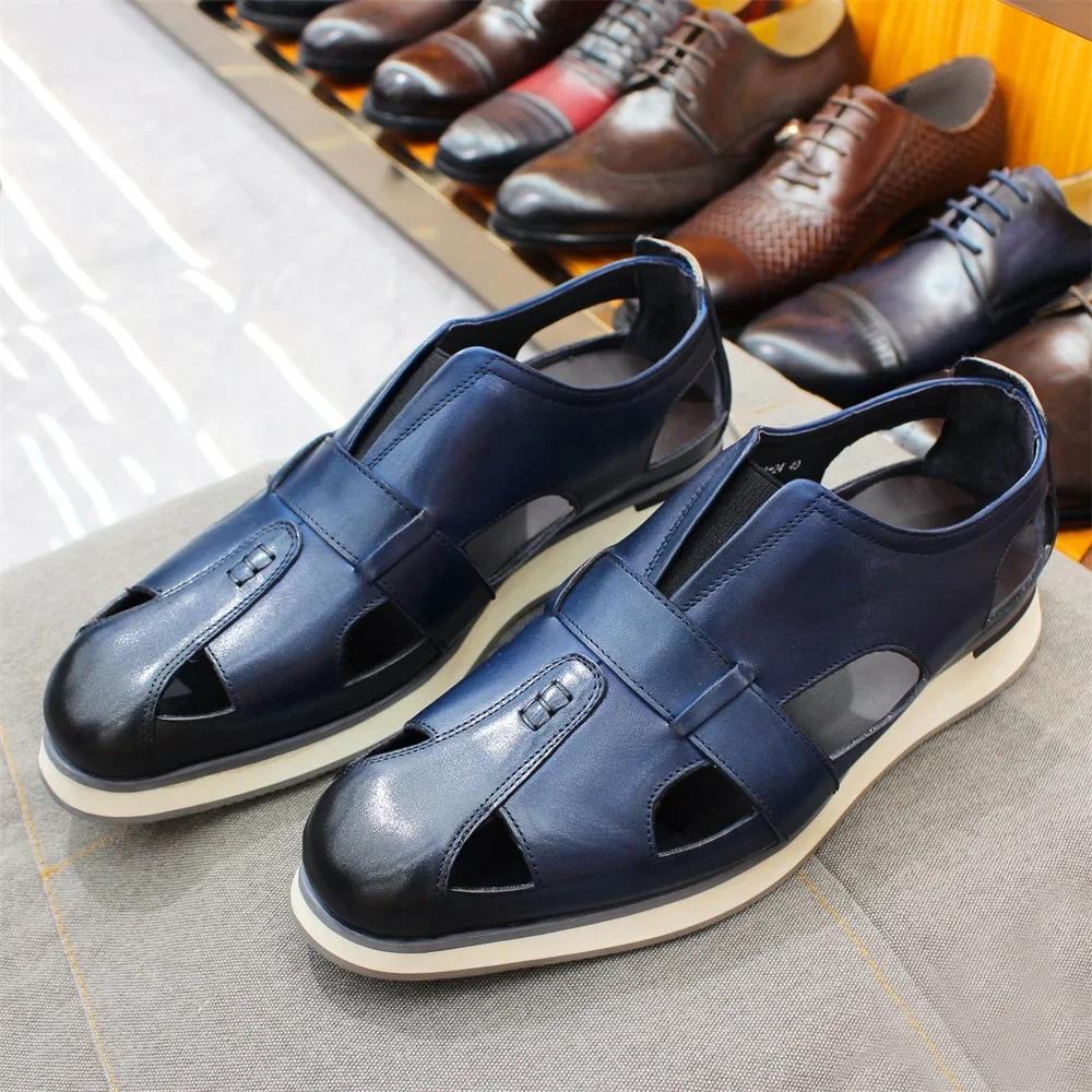 Fashion Men's Classic Arabic Style Genuine Leather Slip-On Sandals Casual Business Party Formal Hollow Flat Shoes