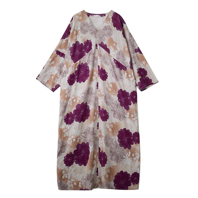 DIMANAF 2025 Women Plus Size Long Dress Loose Printing Vintage Casual Floral Oversize Long