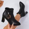 2025 Winter New Pointed British Style High-Heeled Fashion Boots Thick Heel Plus-Size Metal Buckle Boots Women