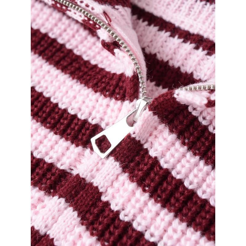 Frühling Damen Locker Fauler Stil Pullover Cardigan Ausgestellter Revers Langarm Doppelkettenstreifen Strickmantel
