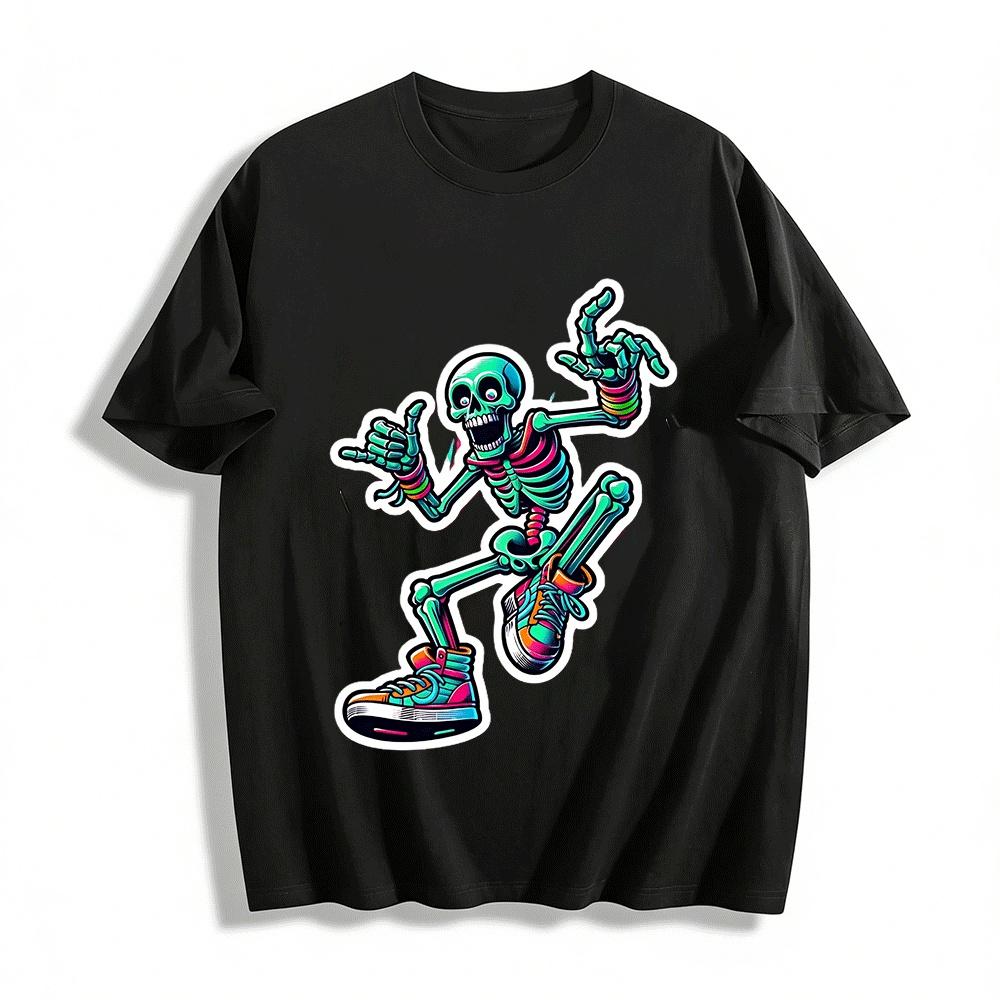 Neon Skeleton Print Street Style Casual Cool Top Pure cotton T-shirt XXS