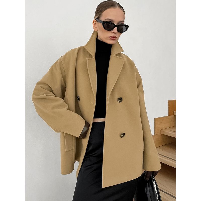 European and American 2025 Spring Female Outwear Lapel Long Sleeve Thick Double Breasted Brown Top