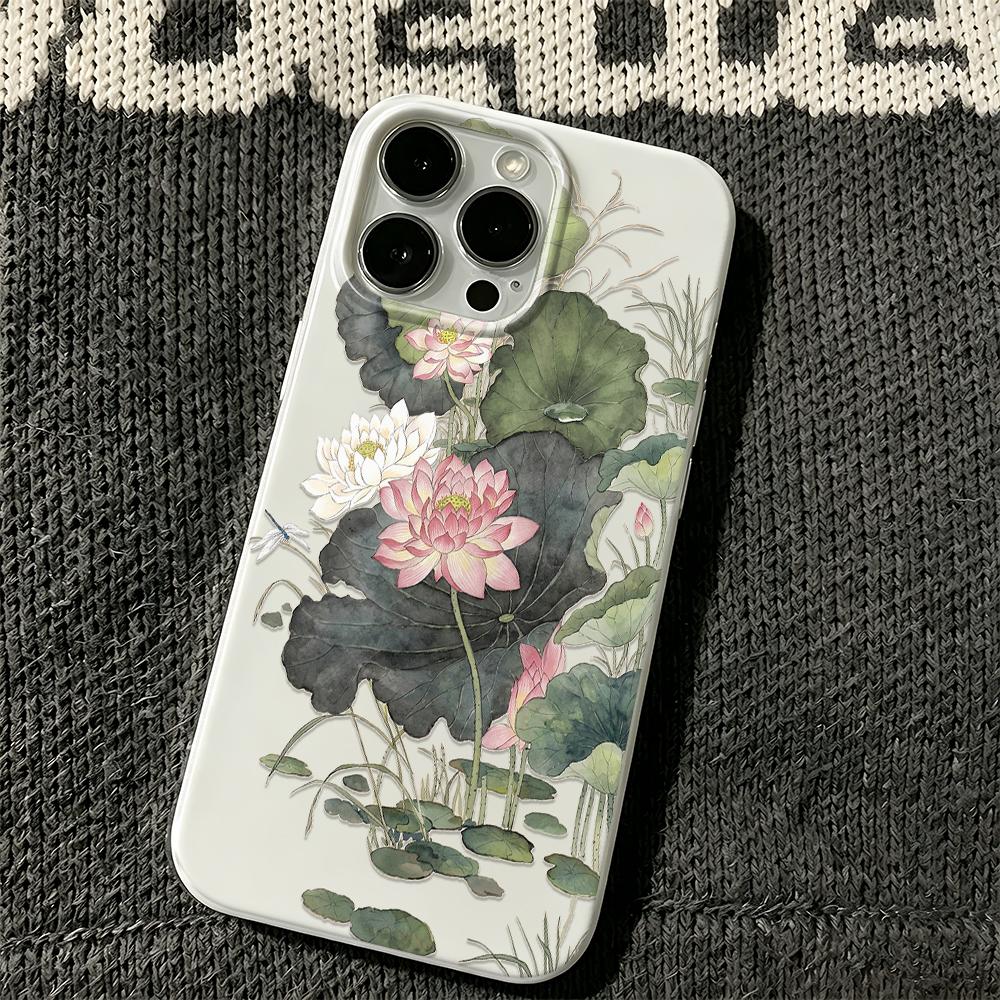 Ink Lotus Matte Silicone Case For Iphone 13 12 11 16 15 14 17 Pro Max Anti-Fingerprint Ultra Thin Cover