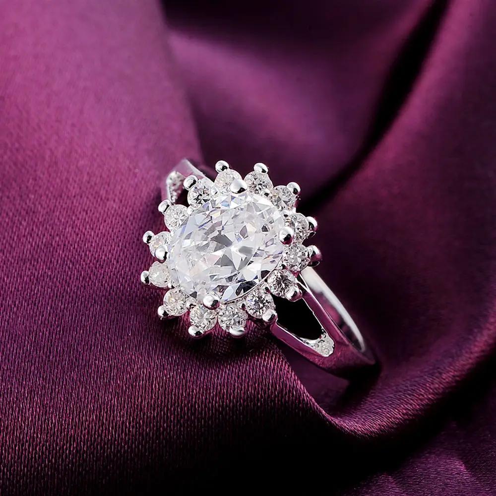 925 Sterling Sølv Krystall Blomsterringer For Kvinner Mote Bryllupsfest Smykker