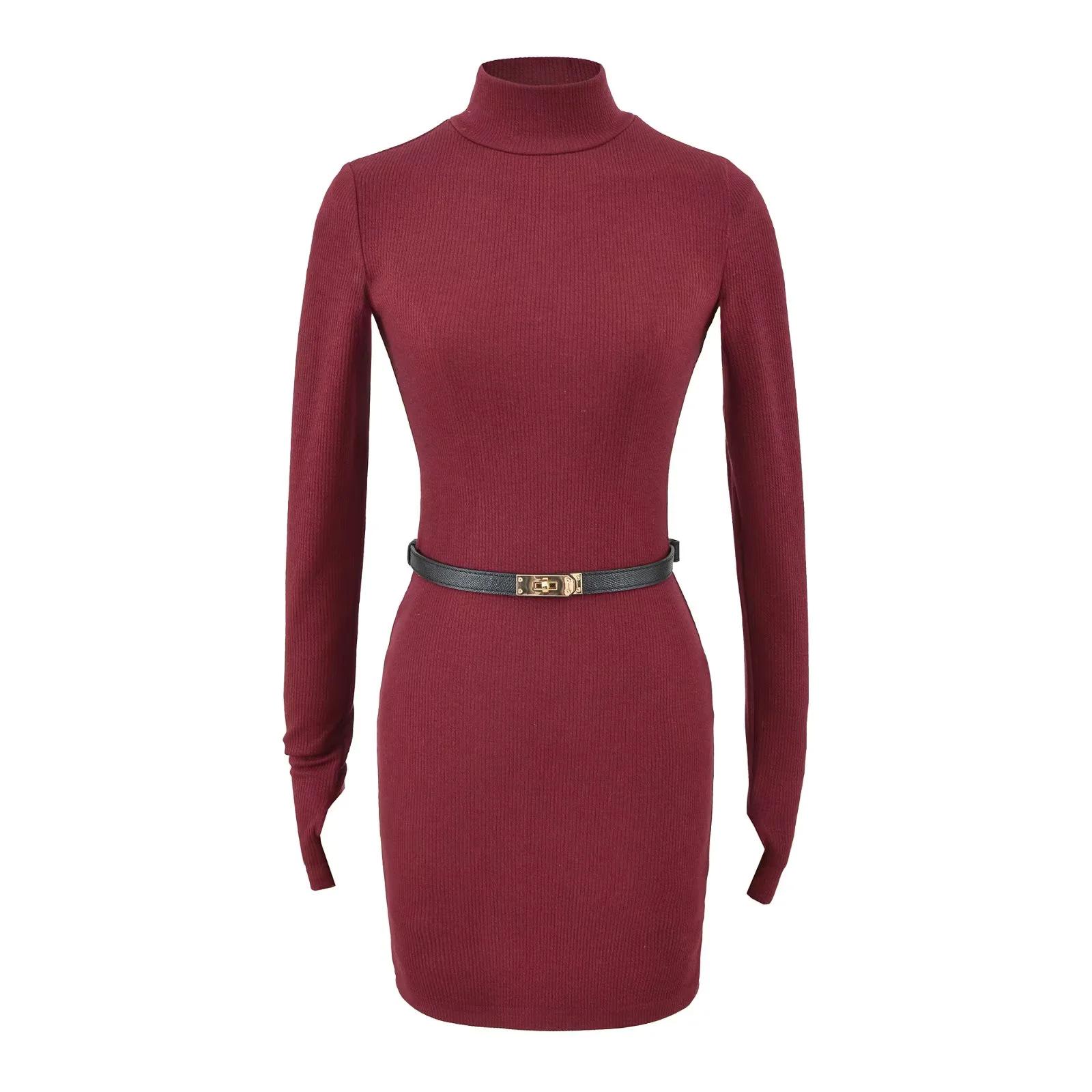 European High Neck Ribbed Knit Bodycon Dress for Autumn/Winter Small