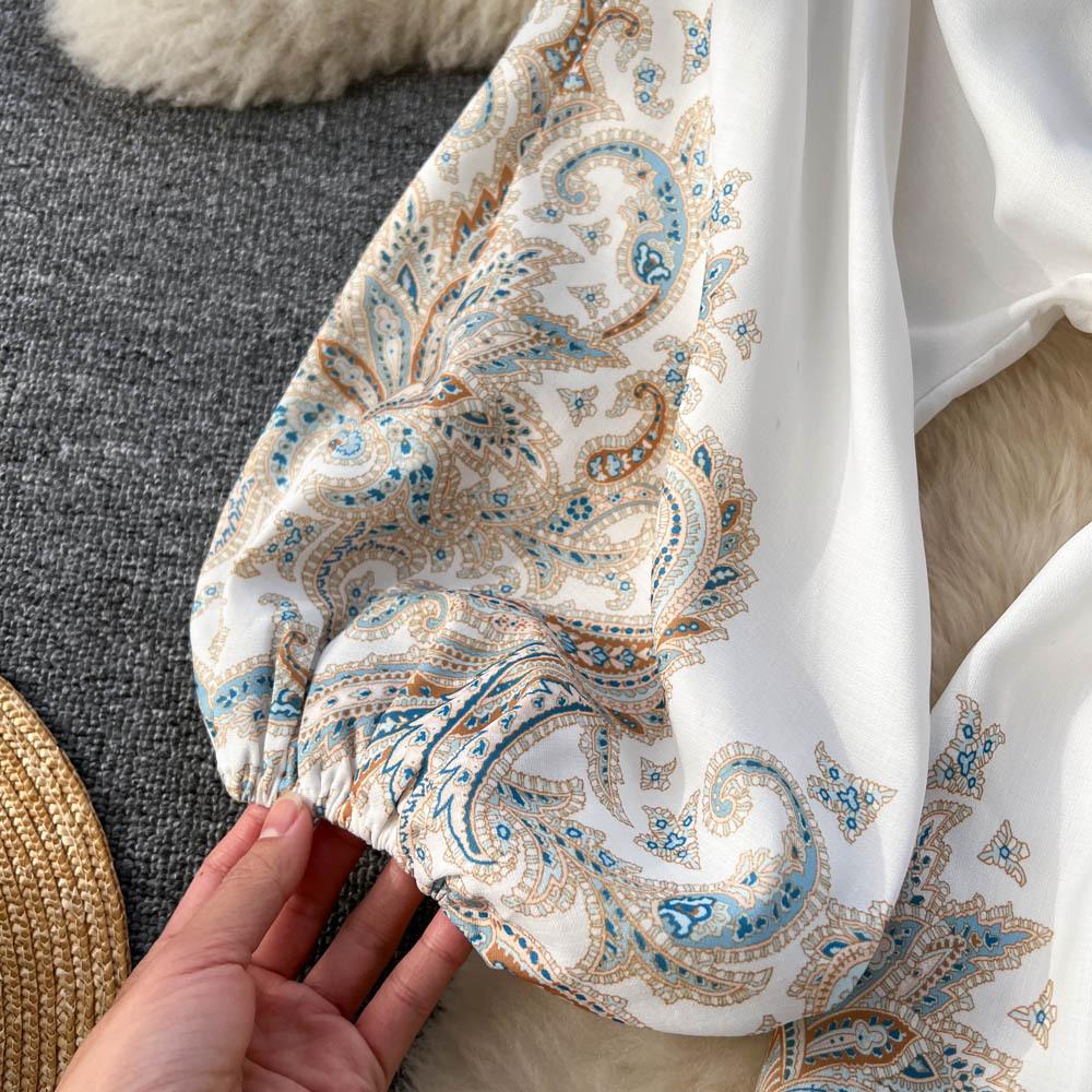 Französisches Vintage-Kleid mit V-Ausschnitt, Falten, Gürteldruck, lange Laternenärmel, einreihig, lässig, kurze Kleider für Damen im Herbst