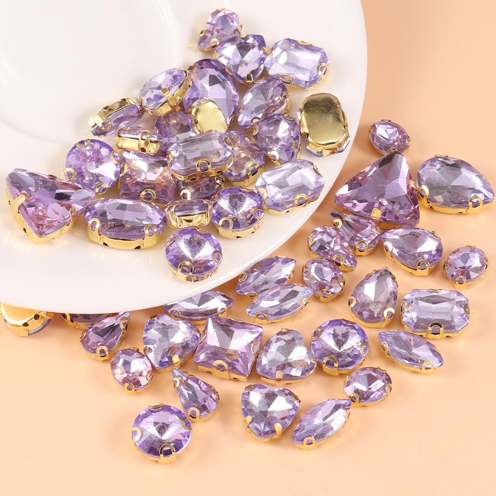 Mixed size glass rhinestone with claw cut diamond on stone bar, K gold base metal crystal, used for embroidery 50 pieces/pack