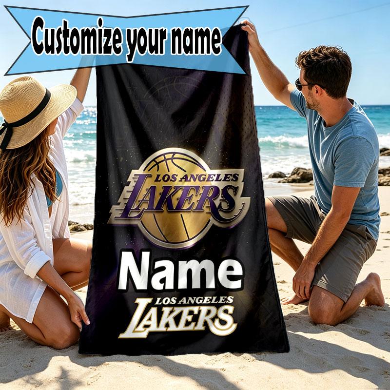 Custom Name Personalized Los Angeles Lakers basketball Print Beach Towel, for Trip Camping Beach Party Home Decor, Birthday Gift for Family & Friends