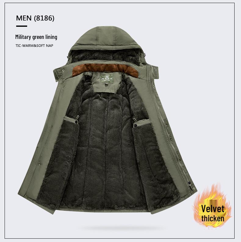 Men's Fleece-Lined Cotton Jacket: Winter Casual, Multi-Pocket, Cold-Resistant, Mid-Length Coat for Middle-Aged and Elderly
