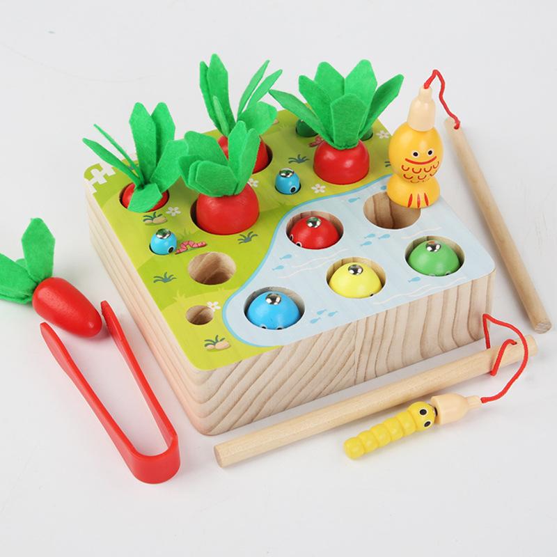 Children'S Wooden Magnetic Fun Fishing Pulling Radishes And Catching Bugs Games Early Education Puzzle Hand-Eye Coordination Hands-On Toys