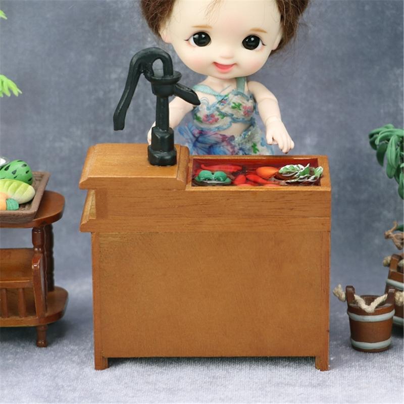 1/12 Miniature Sink Cabinet Wood Water Sink with Faucet And Storage Drawer For Doll House Kitchen Scene Decoration