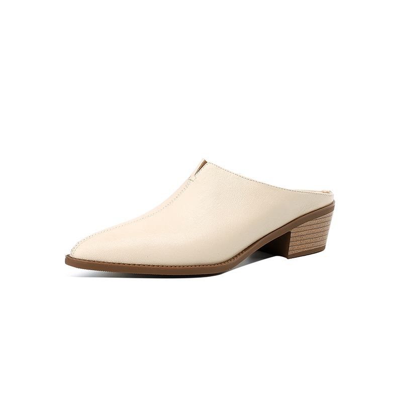 Krazing Pot Sheepskin Mules Pointed Toe Thick Med Heels Elegant Autumn Mature Summer Beauty Women Pumps
