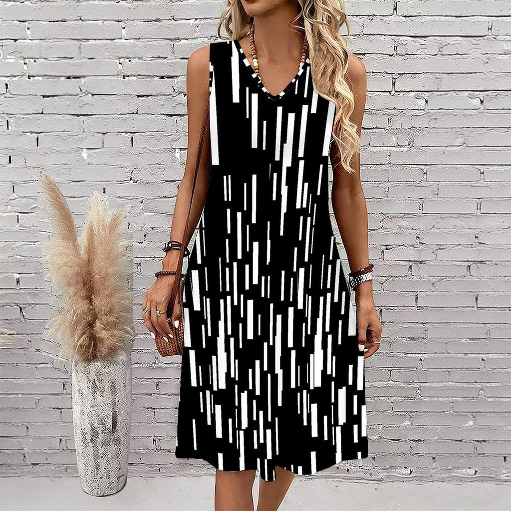 Plus Size V Neck Sleeveless Dress Watercolor Cherry Blossom Print For Spring Scenic Spot Tour