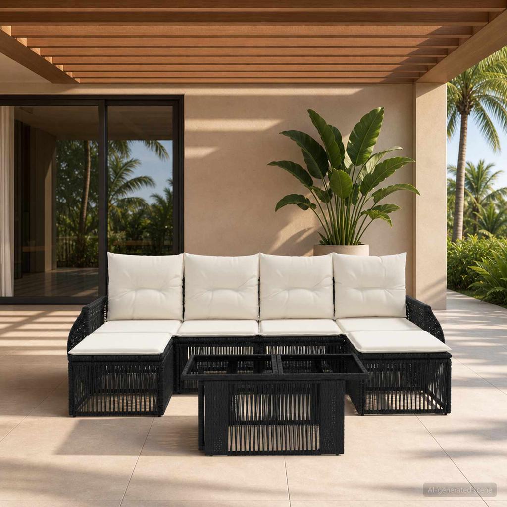 Garden Sofa Set 7 Pieces Black and Cream White Poly Rattan
