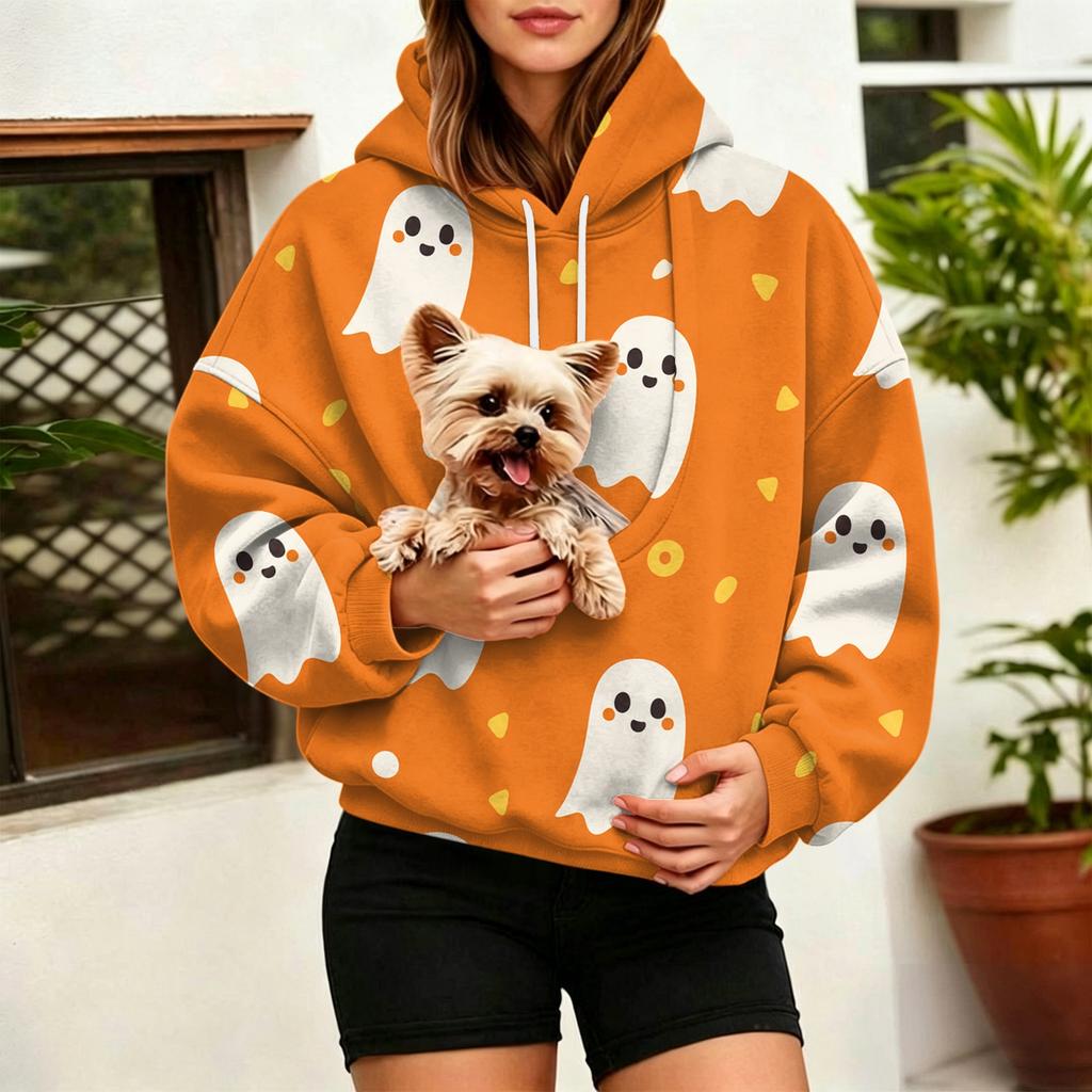 Women's Halloween Print Hoodie with Large Pet Pocket for Fall and Winter Casual Wear