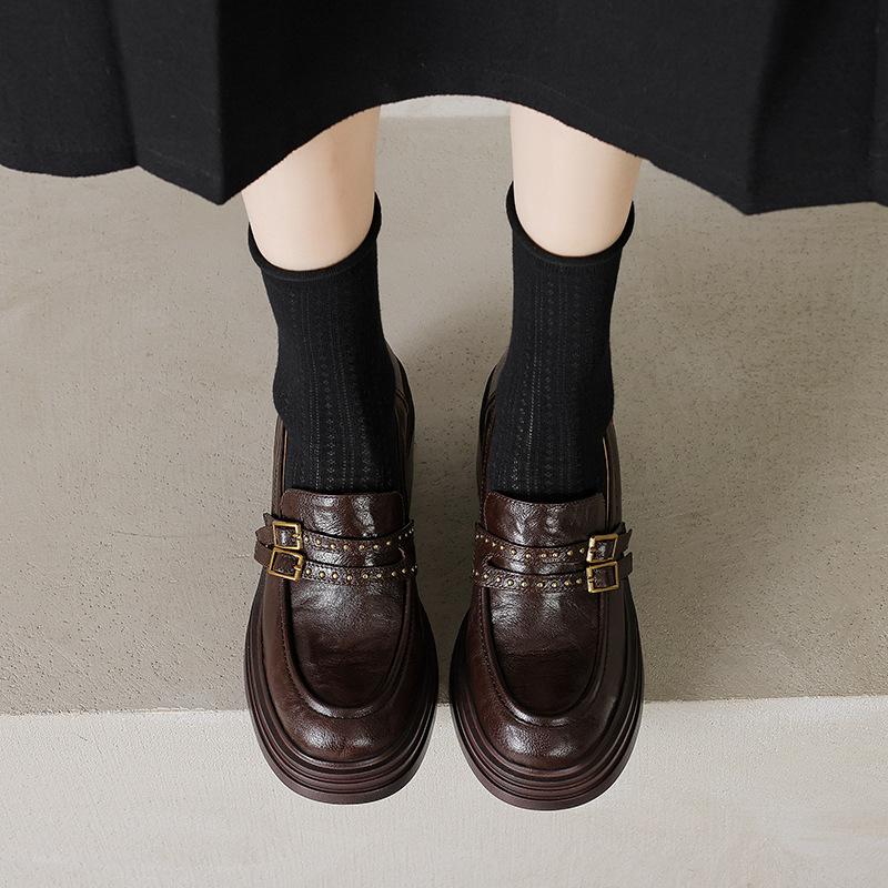 Miękki! Skóra owcza~ gruba podeszwa na obcasie buty jednolite damskie 2025 nowe mokasyny na wysokim obcasie damskie głęboki dekolt jeden pedał małe skórzane buty