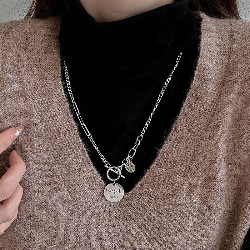 2025 Trendy Smiley Face Sweater Chain: Women's Titanium Steel Letter Necklace for Autumn/Winter