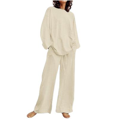 2024 European-American Cotton Linen Solid Two-Piece: Round Neck Long-Sleeve Top & Drawstring Wide-Leg Pants
