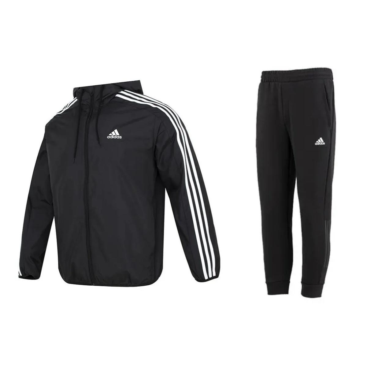 

Adidas Logo Striped Hooded Jacket And Cuffed Mid-Waist Long Pants Casual Sports Set Men Set Black IB0378+HN8984 S