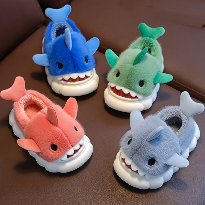 1 Pair Youngsters' Shark Plush Slippers - Soft Fleece-Lined Slip-On Indoor/Outdoor House Shoes with Cartoon Shark Design, Non-Slip PVC Sole