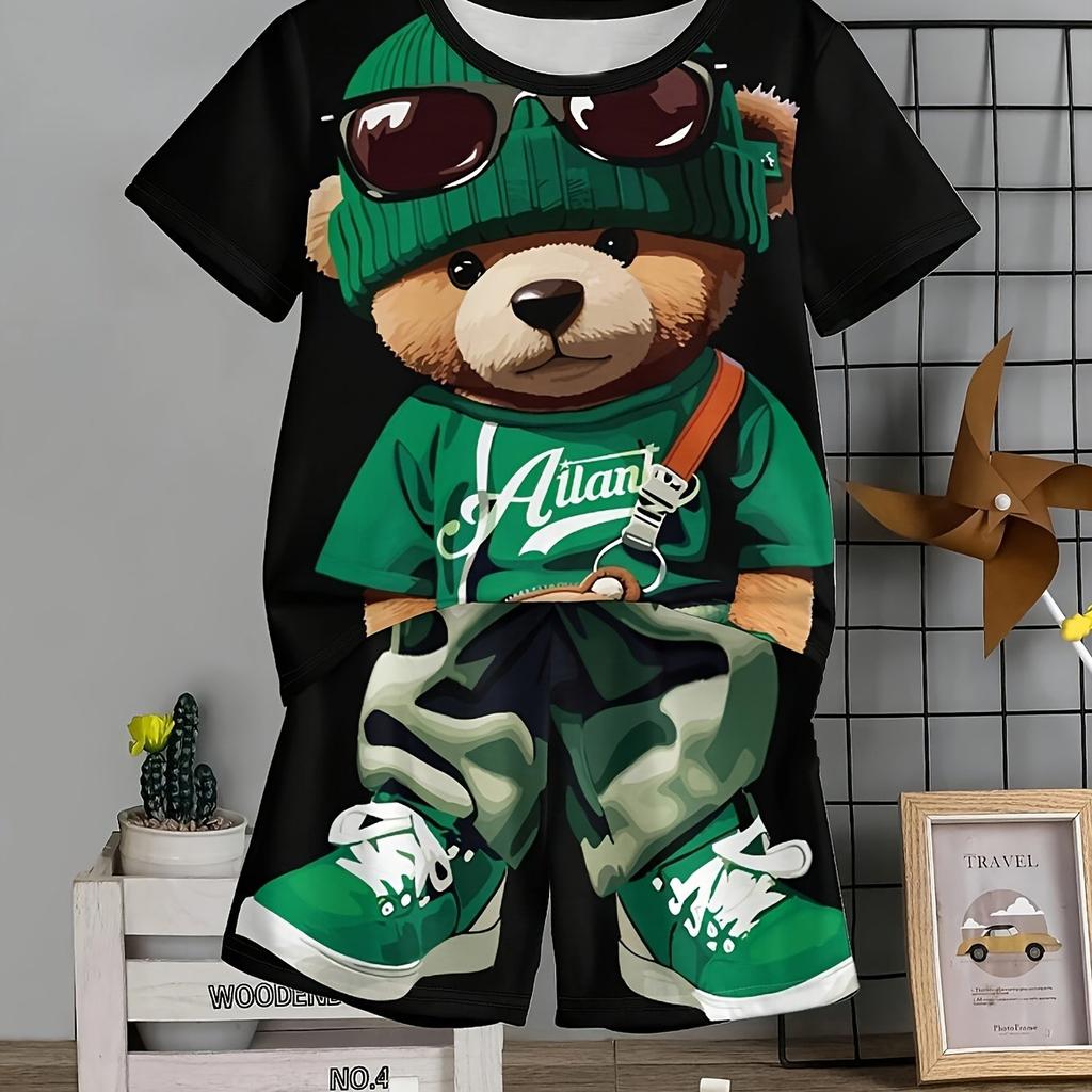 2026 Kids Clothes 2pcs Boys Fun Cartoon Bear Print Short Sleeve T-Shirt Shorts Set Summer Active Boys Complete Stylish Look