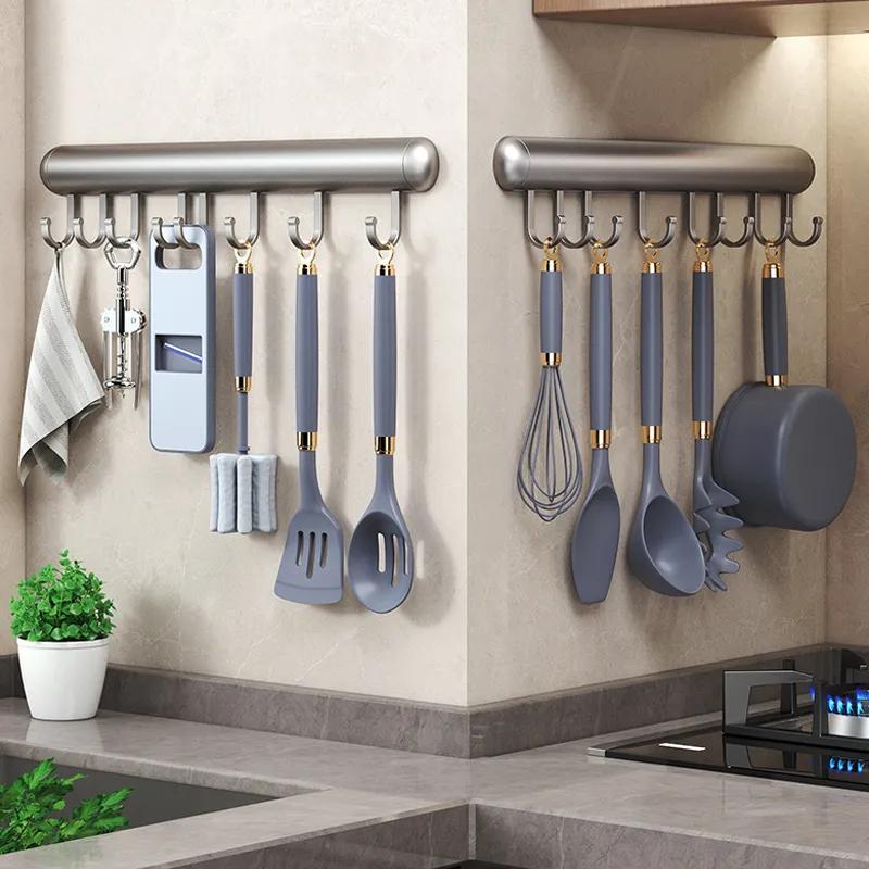 Kitchen Hooks Non Perforated Hanging Rods Kitchen Storage Racks Spatulas Spoons Hanging Racks Space Aluminum Hooks Wall Mounted Storage YLE516