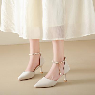 Summer Single Shoes, Toe Sandals, Women's Pearls, Mary Jane, White Thin Heels, High Heels, Versatile, Not Tiring Feet