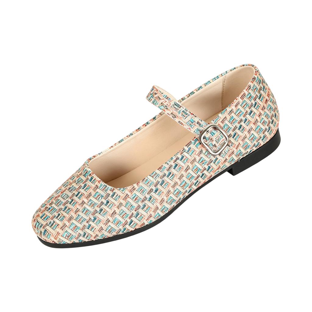 Women's Flat Mary Jane Shoes Woven Pattern Hollow Design Adjustable Buckle Strap Comfortable Casual Footwear for Daily Use