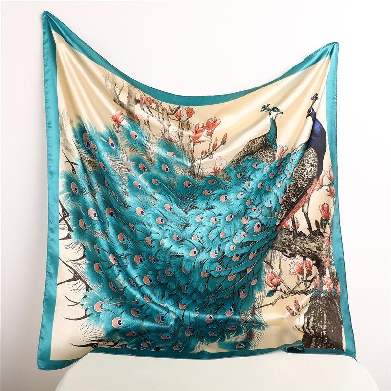 90*90cm Hijab Scarves Women Fashion Peacock Pattern Print Scarf Female Square Shawls Head Ladies Bandanna Foulard Muffler Girl