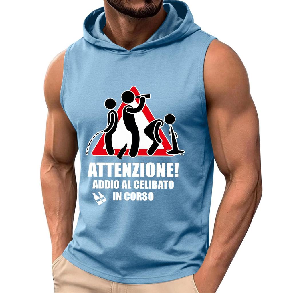 Men's Sleeveless Hoodie Casual Loose Fit Graphic Print Warning Bachelor Party T-Shirt Top for Leisure and Everyday Wear