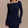 Damen Off-Shoulder Faltkragen Langarm Bodycon Mini Kleid Elegant Gerippter Strick Kurze Partykleider Frühling Herbst Pulloverkleid für Damen