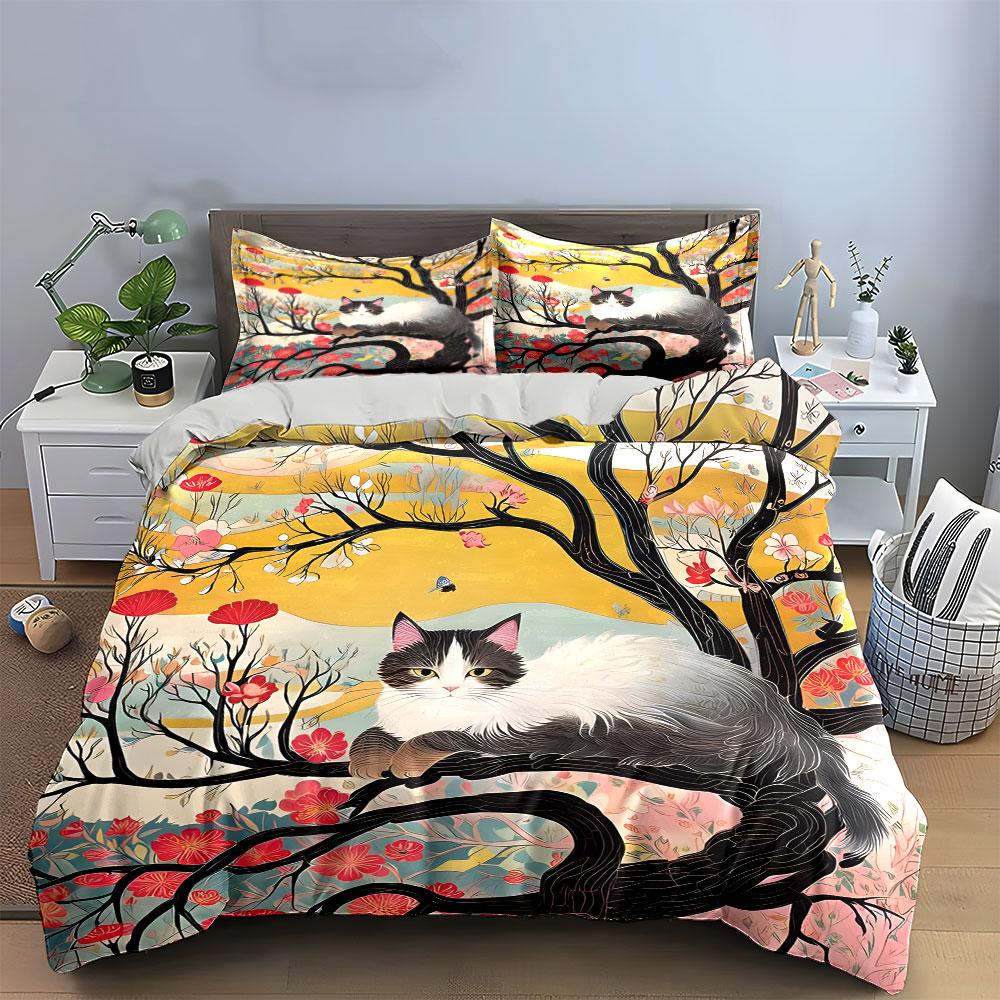 "Cat Art Three-Piece Decorative Set" Bedding Set with 1 Duvet Cover 2 Pillowcases Single Double King Queen, Gift