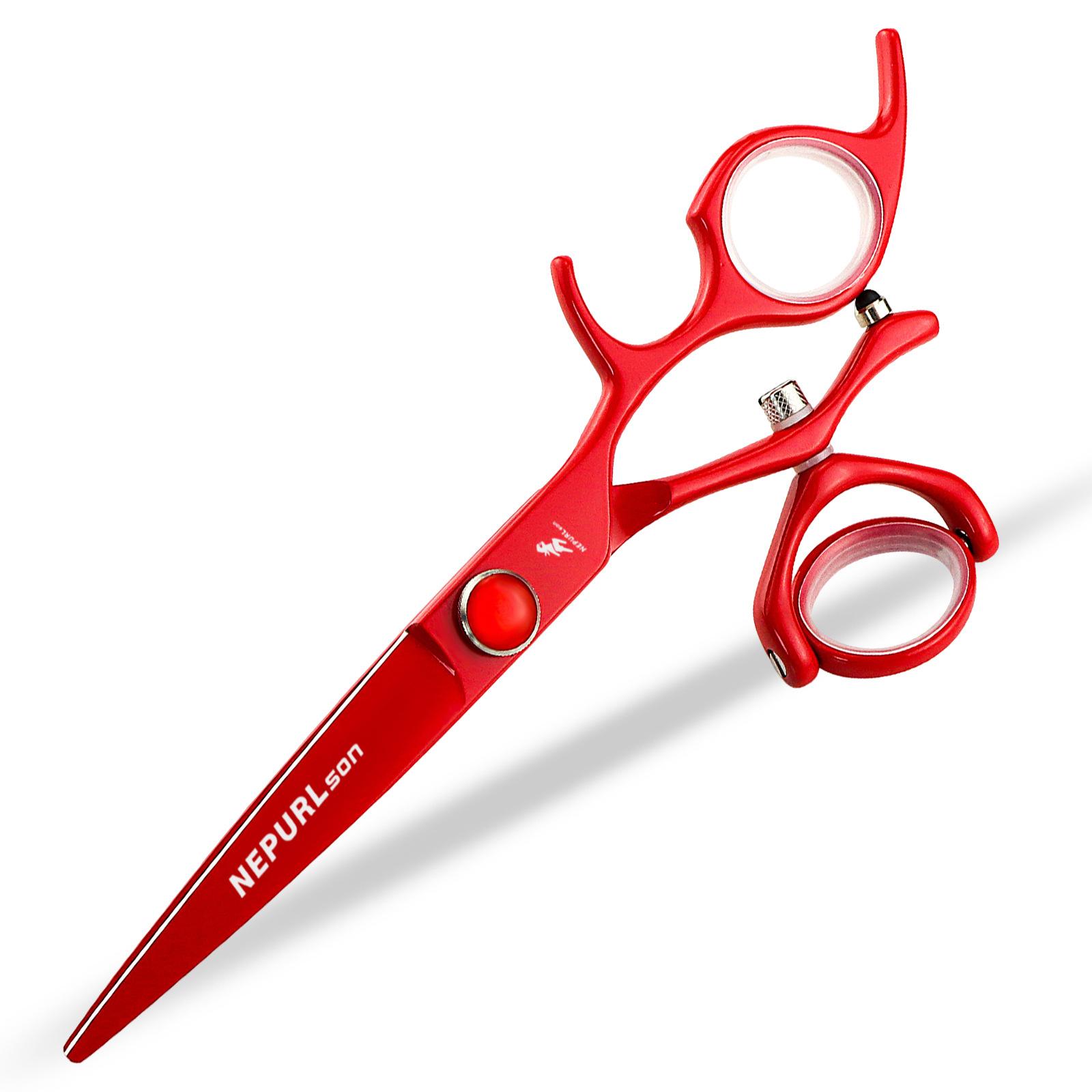 Nepson, red paint, 5.5 inch paint, flying scissors, flat scissors, tooth scissors 360 degrees, rotating handle straight edge & stainless steel & fine polished