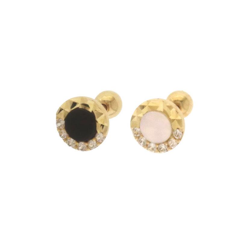 Diamond-in Black and White Round Screw Earrings Screw Earrings Black Agate White Shell Earrings