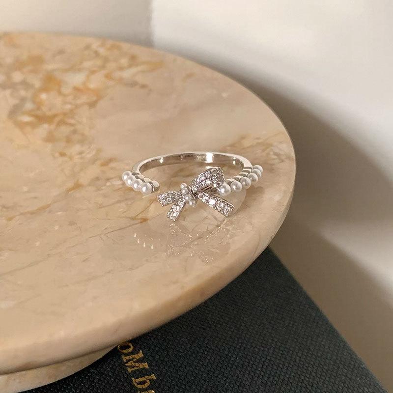 Exquisite French Zirconia Bow Pearl Open Ring - Stylish, High-End Design