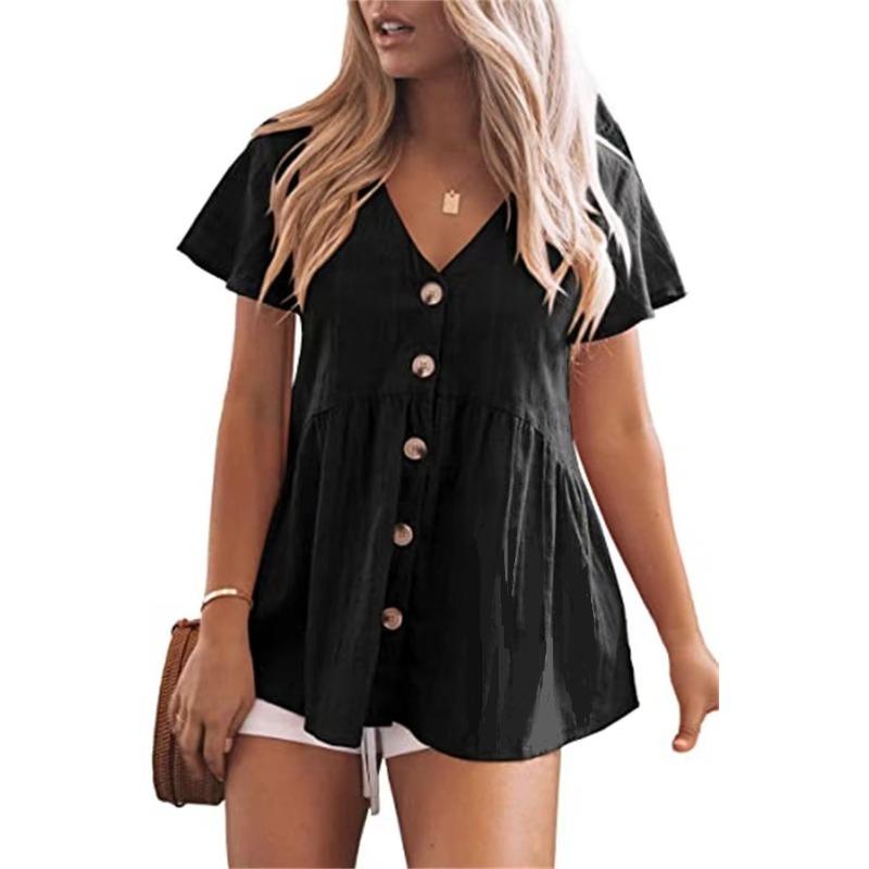 Summer V-neck Pure Cotton Short Sleeved Shirt Button Solid Color Women's Blouses & Shirts