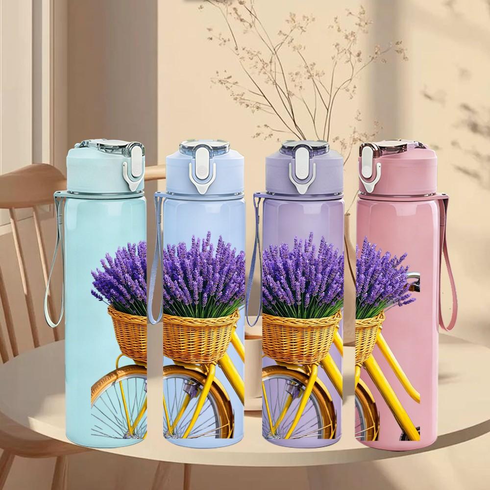 1PC Lavender Flower In Vintage Basket Print 750ml Color Plastic Sports Water Bottle Leakproof Flip Straw Lid Suitable for Sports Office Home Use