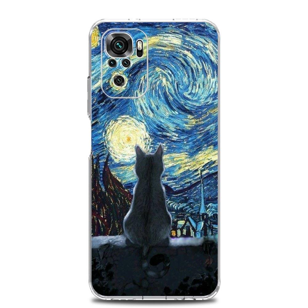 Phone Case For Xiaomi Redmi Note 15 14 13 12 4G 10 11 Pro Plus 5G 14C 13C 12C 10C Clear TPU Cover Cat Van Gogh Starry Sky