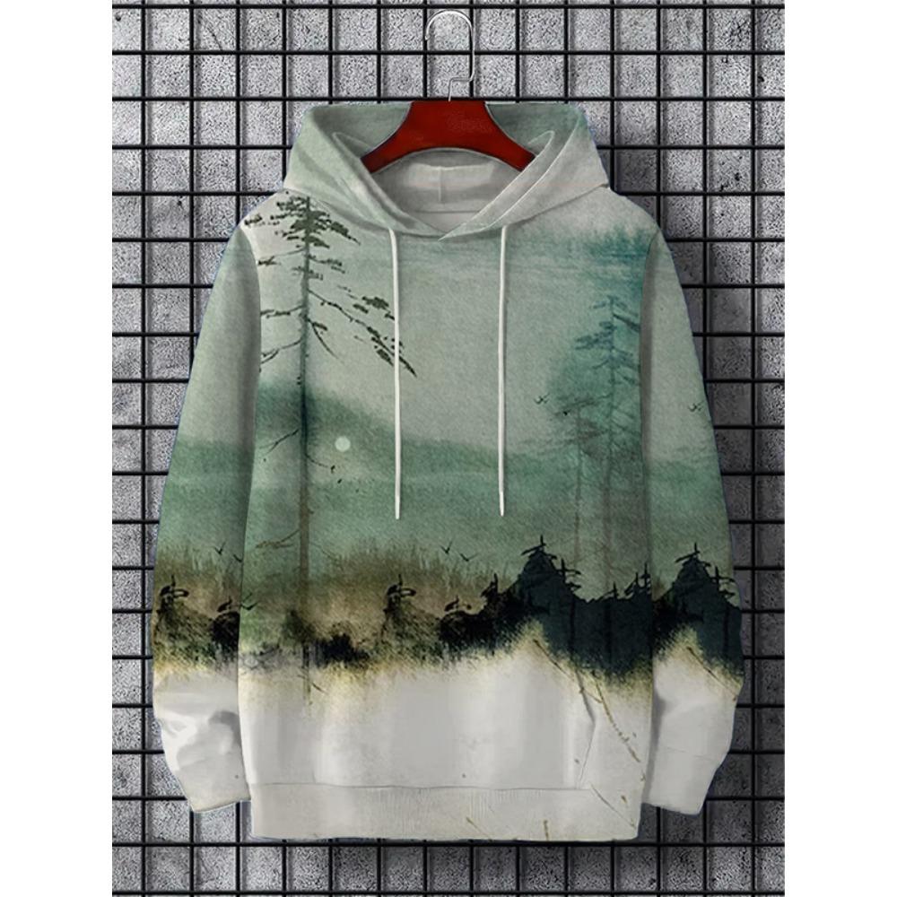 Men's Hoodie Landscape Paint Print Y2k Sweatshirt Harajuku Hooded Shirt Pullover Casual Oversized Long Sleeve Top Men's Clothing