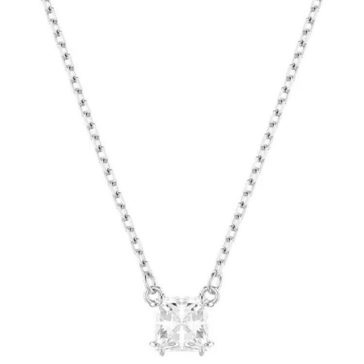 Swarovski Stilla Attract Square Cubic Zirconia Pendant Rhodium Plated Necklace Women necklace Silver 5701903 Box (Random Color)