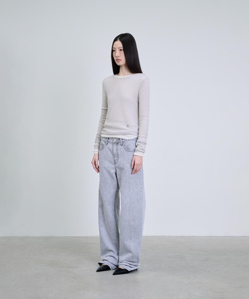 Deoaeteus Alpaca Wool Sheer Boatneck Pullover_Light Gray