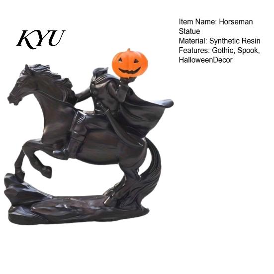 Vintage Halloween Statue Headless Horseman Statue, Gothic Knight Riding Black Horse with Resin Sculpture Pumpkin Lantern, Spooky Festive Decor