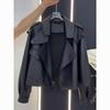 2025 Spring/Autumn Petite Women's Retro Black Leather Motorcycle Jacket