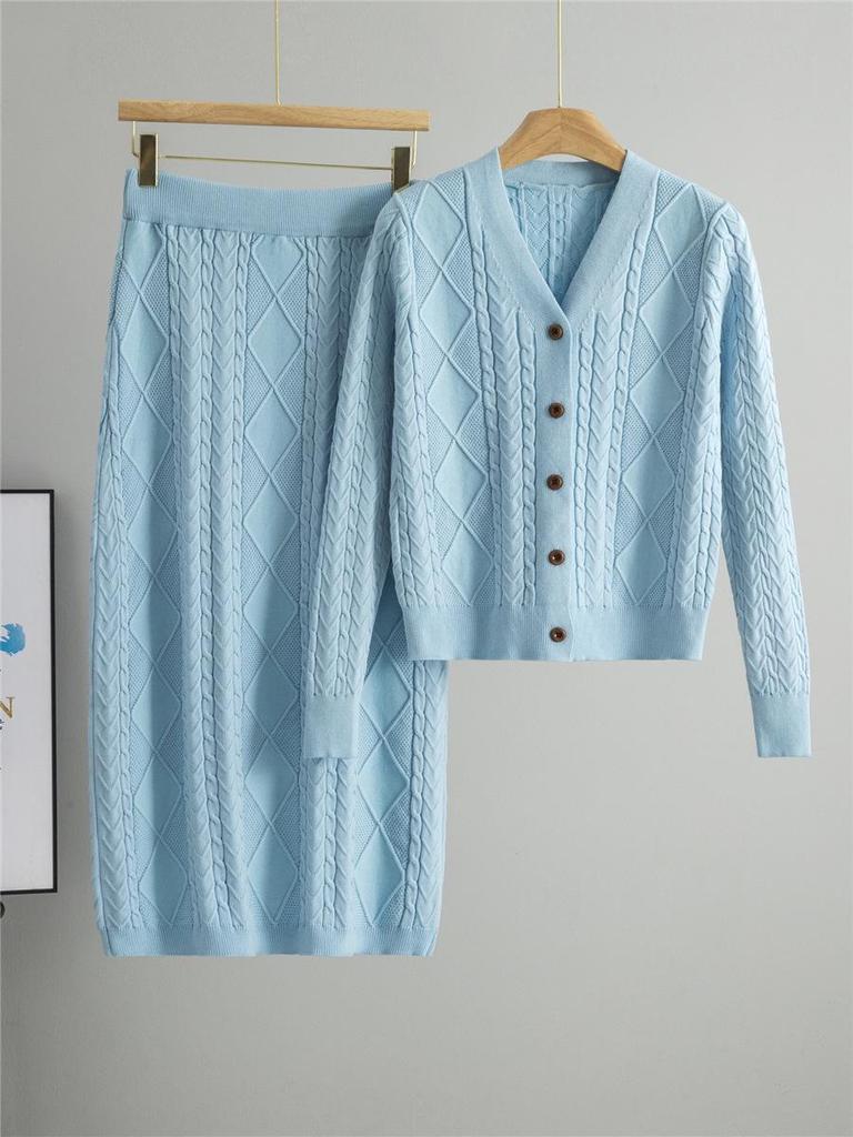 Women's Retro Cable Knit Two-Piece Set: Cardigan & Long Skirt