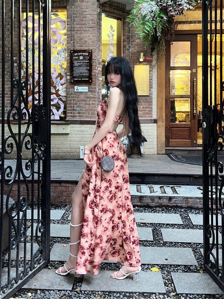 Rose Print Halter Neck Dress with Bra Pad and High Slit