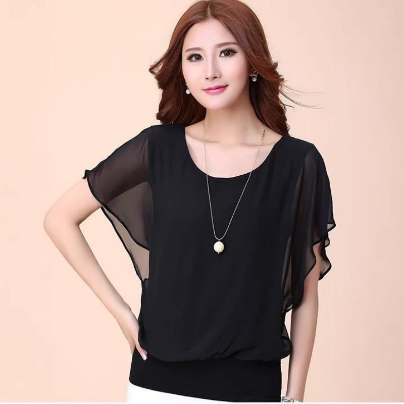 Nuovo Top Estivo da Donna in Chiffon con Maniche a Pipistrello, Scollo Rotondo, Casual, Elegante, alla Moda