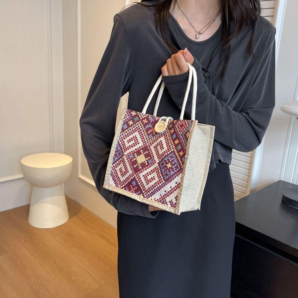Large Capacity Ethnic Style Canvas Bag Print Printing Cloth Lunch Bag Cute Linen Handbag Travel