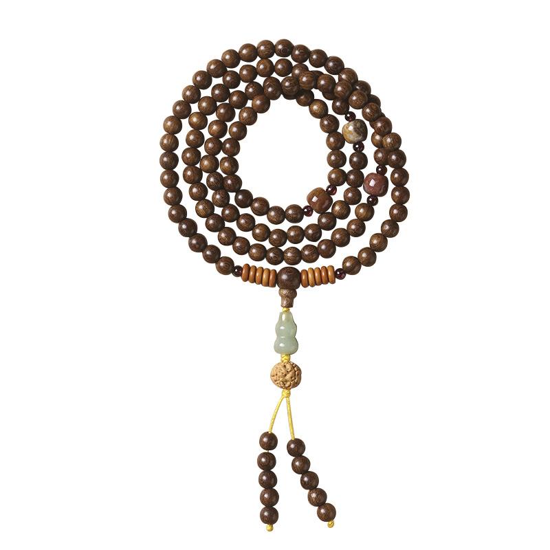 Traditional Chinese Style Gold Threaded Sandalwood Prayer Beads108Buddhist Beads Paired with Dongling Jade Gourd and Green Sandalwood Bracelet and