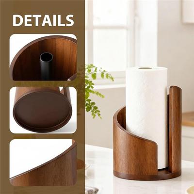 ABKY-Mountain Paper Towel Holder Countertop With Wood Round Base And Iron Holder,Holder Stand For Kitchen Roll Organize
